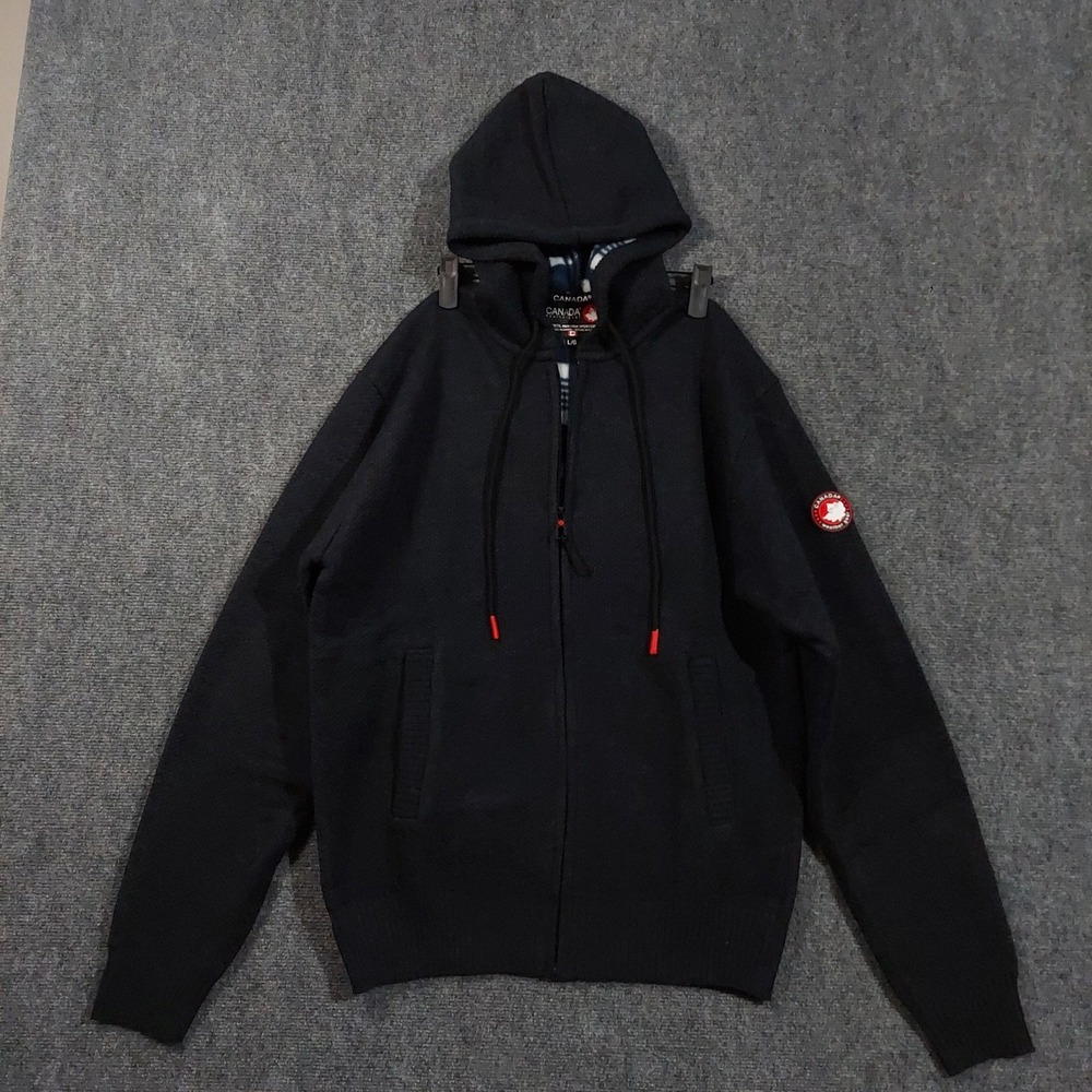 Canada Weathergear Sweater Mens Large Black Hooded Full Zip‎ Fleece Lined Knit